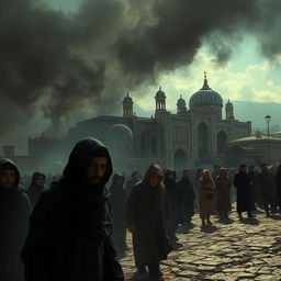 A dramatic and intense scene depicting the aftermath of a fictional narrative of fatal retribution on the people of Shiraz