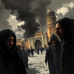 A dramatic and intense scene depicting the aftermath of a fictional narrative of fatal retribution on the people of Shiraz