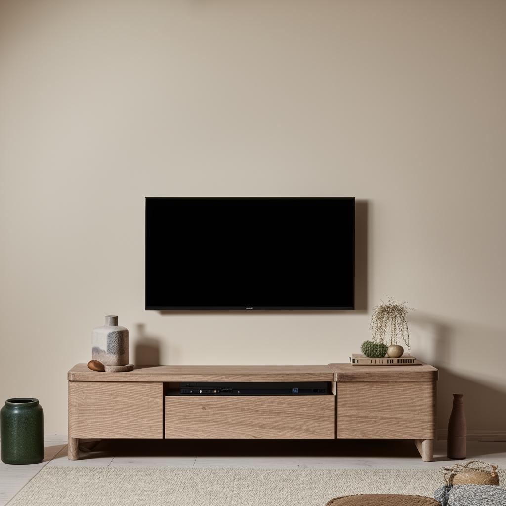 Create a room with a 10x10 feet wall, featuring a wooden finish television unit on the wall.