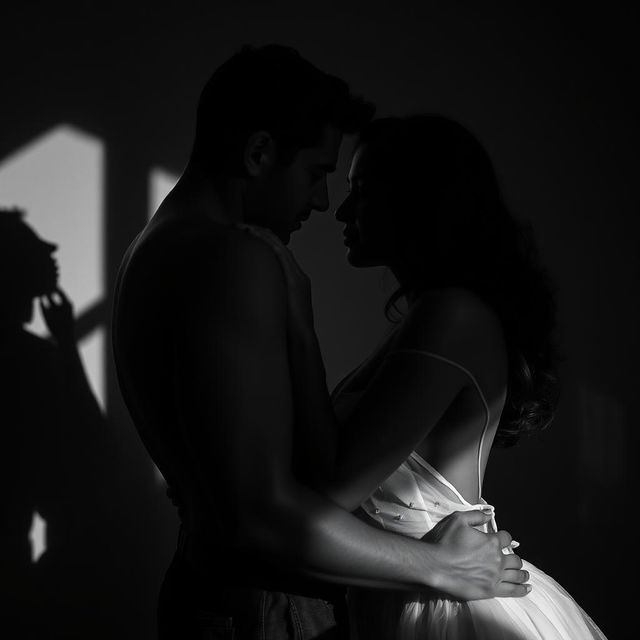 A stylized black and white photograph capturing an intimate moment between two figures, showcasing their connection in an artistic manner