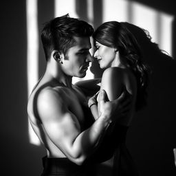 A stylized black and white photograph capturing an intimate moment between two figures, showcasing their connection in an artistic manner