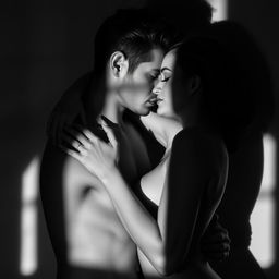 A stylized black and white photograph capturing an intimate moment between two figures, showcasing their connection in an artistic manner