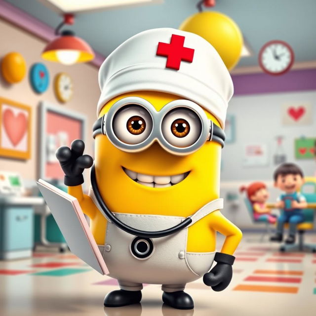 A delightful scene featuring a cheerful minion as a nurse, dressed in a bright white nurse uniform and a cute nurse cap with a red cross