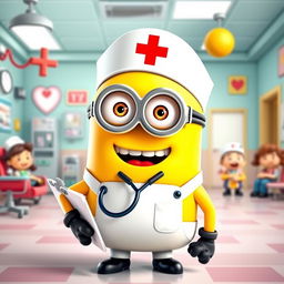 A delightful scene featuring a cheerful minion as a nurse, dressed in a bright white nurse uniform and a cute nurse cap with a red cross