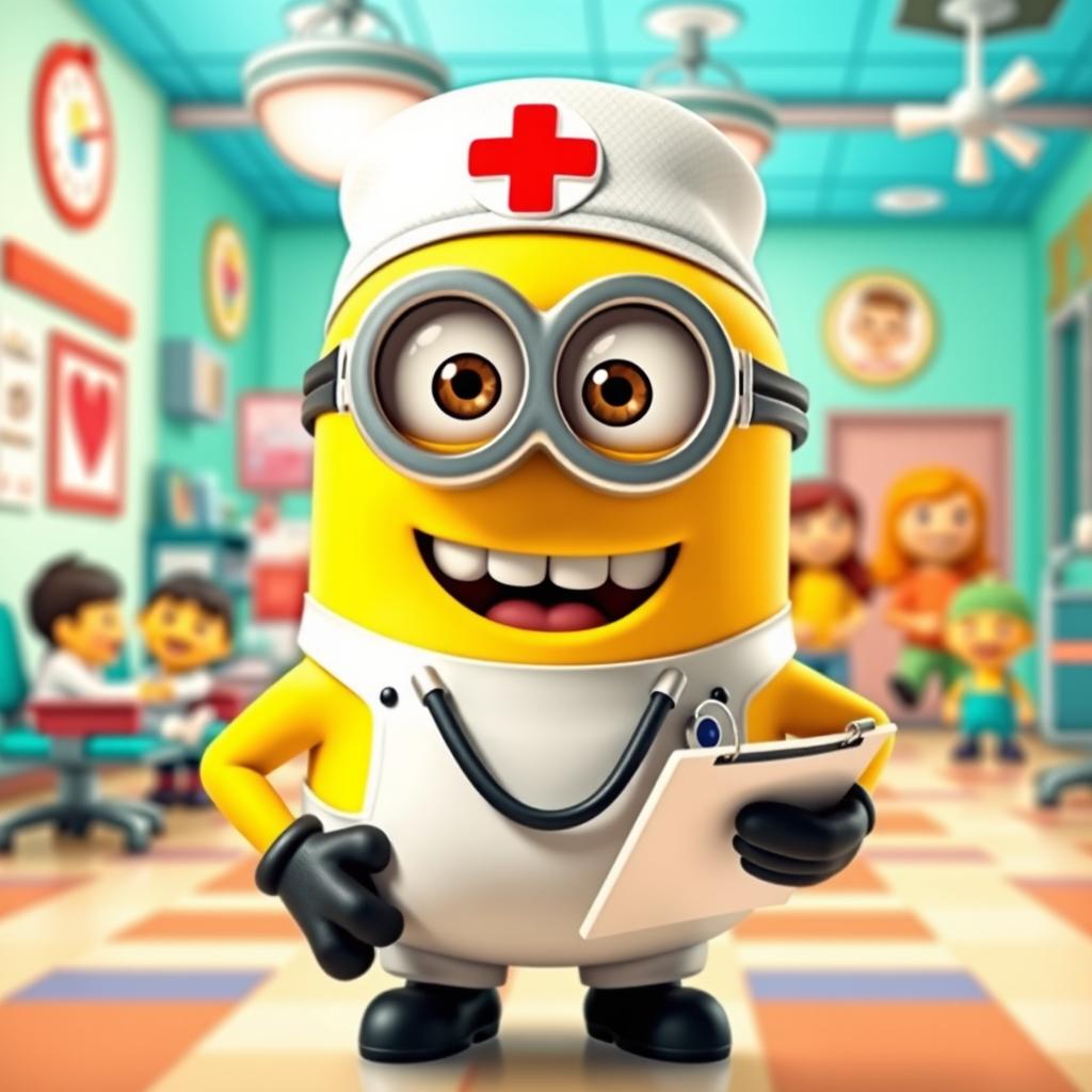 A delightful scene featuring a cheerful minion as a nurse, dressed in a bright white nurse uniform and a cute nurse cap with a red cross