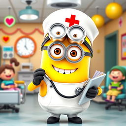 A delightful scene featuring a cheerful minion as a nurse, dressed in a bright white nurse uniform and a cute nurse cap with a red cross