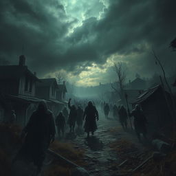 A chilling scene depicting a massacre occurring in a cursed village, shrouded in an eerie atmosphere