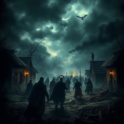 A chilling scene depicting a massacre occurring in a cursed village, shrouded in an eerie atmosphere