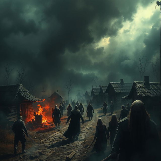 A chilling scene depicting a massacre occurring in a cursed village, shrouded in an eerie atmosphere