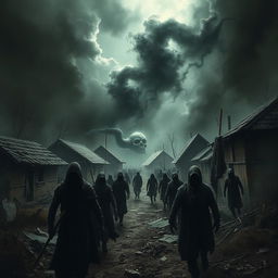 A chilling scene depicting a massacre occurring in a cursed village, shrouded in an eerie atmosphere