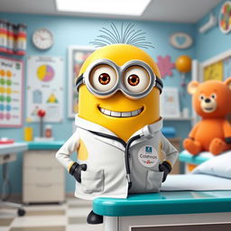 A delightful scene featuring a cheerful minion as a doctor (médico), dressed in a white lab coat and a stethoscope around its neck