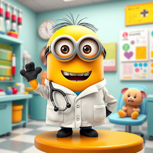 A delightful scene featuring a cheerful minion as a doctor (médico), dressed in a white lab coat and a stethoscope around its neck