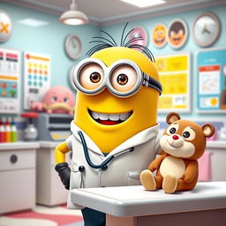 A delightful scene featuring a cheerful minion as a doctor (médico), dressed in a white lab coat and a stethoscope around its neck