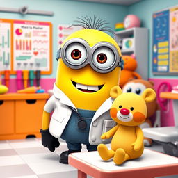 A delightful scene featuring a cheerful minion as a doctor (médico), dressed in a white lab coat and a stethoscope around its neck