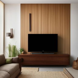 Create a room with a 10x10 feet wall, featuring a wooden finish television unit on the wall.