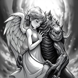 A stark black and white illustration depicting an angel and a monster in an intimate pose, capturing the contrast between the soft features of the angel and the rugged, more chaotic form of the monster