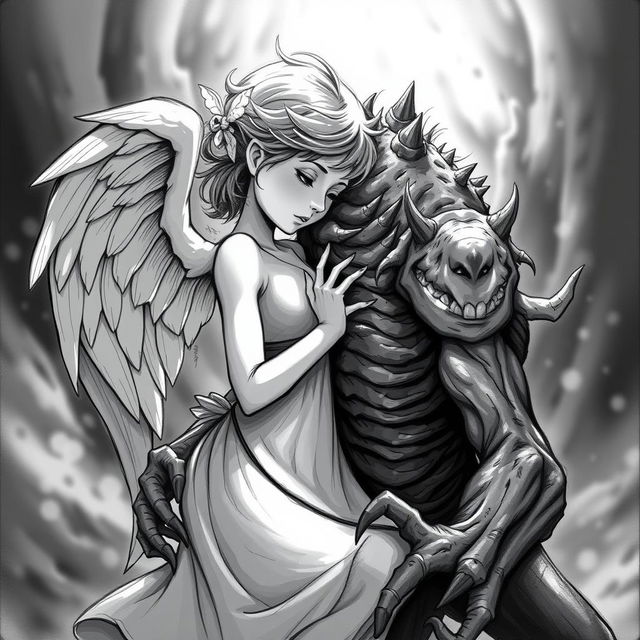 A stark black and white illustration depicting an angel and a monster in an intimate pose, capturing the contrast between the soft features of the angel and the rugged, more chaotic form of the monster