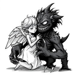 A stark black and white illustration depicting an angel and a monster in an intimate pose, capturing the contrast between the soft features of the angel and the rugged, more chaotic form of the monster