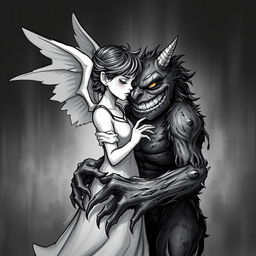 A stark black and white illustration depicting an angel and a monster in an intimate pose, capturing the contrast between the soft features of the angel and the rugged, more chaotic form of the monster