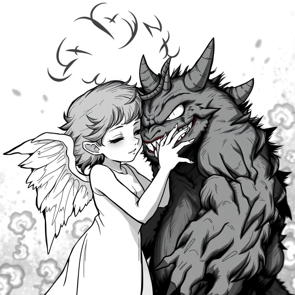 A stark black and white illustration depicting an angel and a monster in an intimate pose, capturing the contrast between the soft features of the angel and the rugged, more chaotic form of the monster