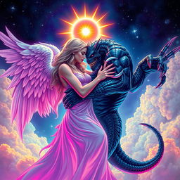 A dramatic and fantastical scene depicting an angel with ethereal wings and a radiant halo intertwined with a fearsome monster featuring scales and sharp claws in a passionate embrace