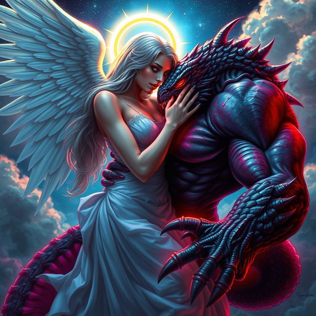 A dramatic and fantastical scene depicting an angel with ethereal wings and a radiant halo intertwined with a fearsome monster featuring scales and sharp claws in a passionate embrace