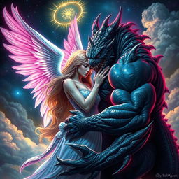 A dramatic and fantastical scene depicting an angel with ethereal wings and a radiant halo intertwined with a fearsome monster featuring scales and sharp claws in a passionate embrace