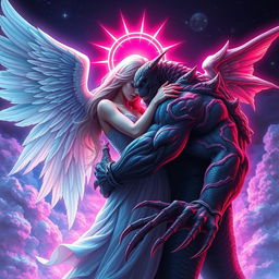 A dramatic and fantastical scene depicting an angel with ethereal wings and a radiant halo intertwined with a fearsome monster featuring scales and sharp claws in a passionate embrace