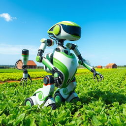 A futuristic agricultural robot designed for farming tasks, featuring a sleek, modern design with green and silver colors