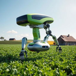 A futuristic agricultural robot designed for farming tasks, featuring a sleek, modern design with green and silver colors