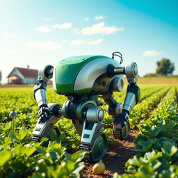 A futuristic agricultural robot designed for farming tasks, featuring a sleek, modern design with green and silver colors