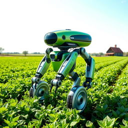 A futuristic agricultural robot designed for farming tasks, featuring a sleek, modern design with green and silver colors