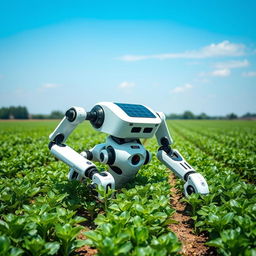 A futuristic agricultural robot designed for farming tasks, featuring a sleek, ergonomic design with multiple articulated arms for planting, harvesting, and maintaining crops