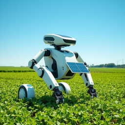 A futuristic agricultural robot designed for farming tasks, featuring a sleek, ergonomic design with multiple articulated arms for planting, harvesting, and maintaining crops