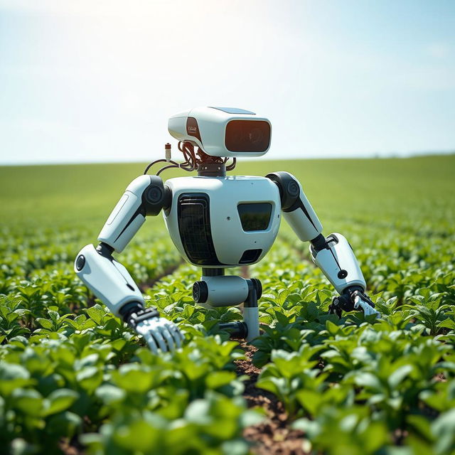 A futuristic agricultural robot designed for farming tasks, featuring a sleek, ergonomic design with multiple articulated arms for planting, harvesting, and maintaining crops