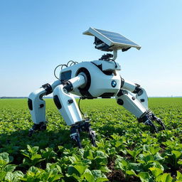 A futuristic agricultural robot designed for farming tasks, featuring a sleek, ergonomic design with multiple articulated arms for planting, harvesting, and maintaining crops