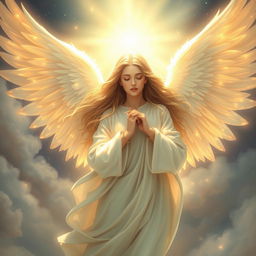 A beautiful angel depicted in a dreamlike atmosphere, with flowing white robes and luminous wings that radiate light