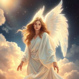 A beautiful angel depicted in a dreamlike atmosphere, with flowing white robes and luminous wings that radiate light