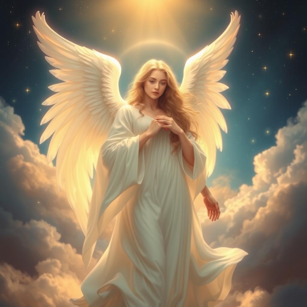 A beautiful angel depicted in a dreamlike atmosphere, with flowing white robes and luminous wings that radiate light