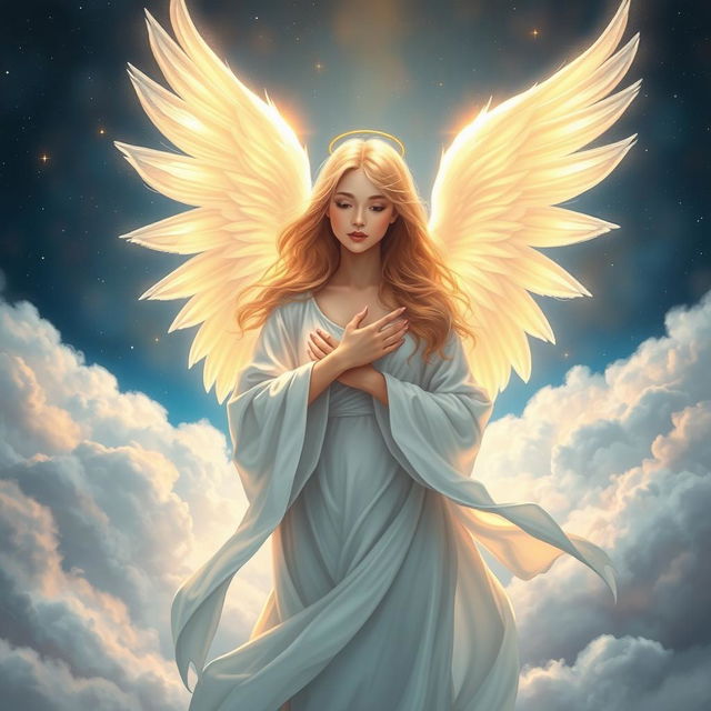 A beautiful angel depicted in a dreamlike atmosphere, with flowing white robes and luminous wings that radiate light