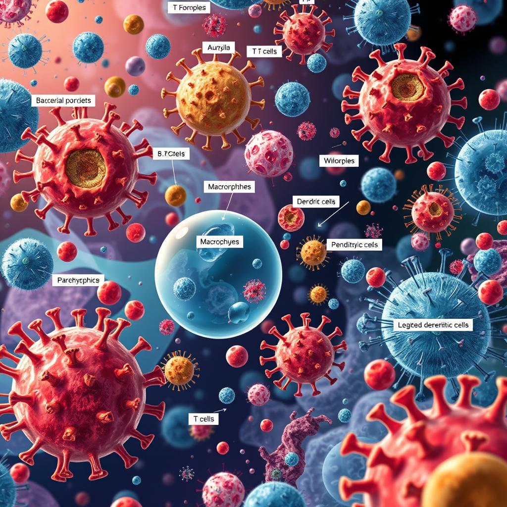 A detailed scientific illustration of immunity cells in action, showcasing a variety of immune cell types including T cells, B cells, macrophages, and dendritic cells