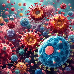 A detailed scientific illustration of immunity cells in action, showcasing a variety of immune cell types including T cells, B cells, macrophages, and dendritic cells