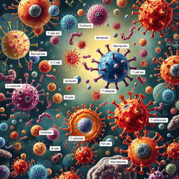 A detailed scientific illustration of immunity cells in action, showcasing a variety of immune cell types including T cells, B cells, macrophages, and dendritic cells