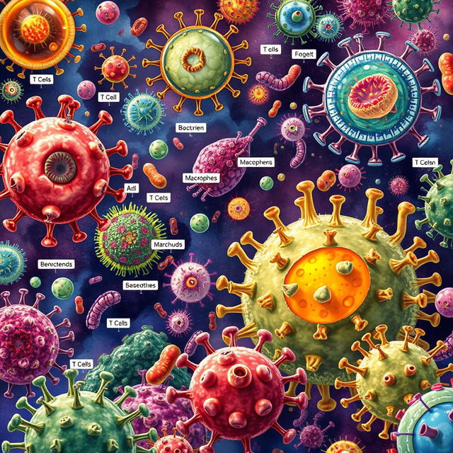 A detailed scientific illustration of immunity cells in action, showcasing a variety of immune cell types including T cells, B cells, macrophages, and dendritic cells