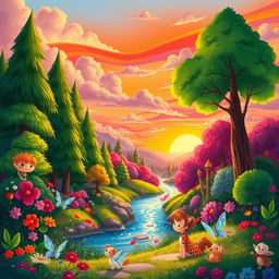 A vibrant and colorful animation-style illustration of a fantastical landscape, featuring a lush green forest with towering trees, blooming flowers in various shades, and a sparkling river flowing through it