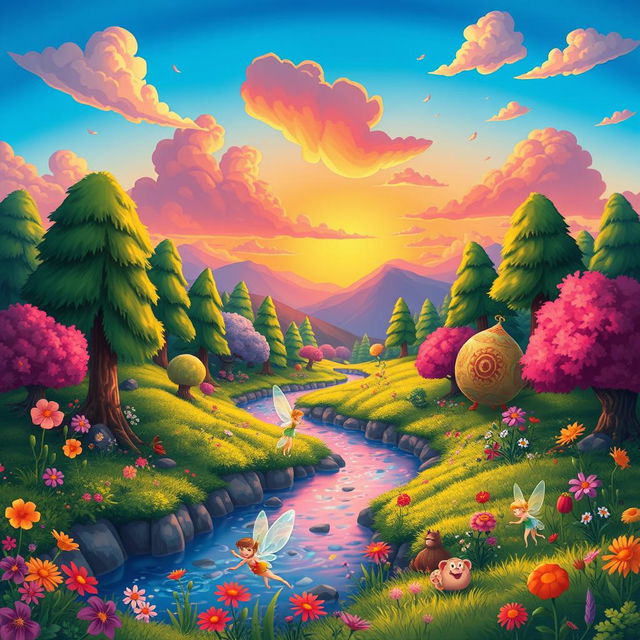 A vibrant and colorful animation-style illustration of a fantastical landscape, featuring a lush green forest with towering trees, blooming flowers in various shades, and a sparkling river flowing through it