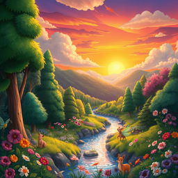 A vibrant and colorful animation-style illustration of a fantastical landscape, featuring a lush green forest with towering trees, blooming flowers in various shades, and a sparkling river flowing through it