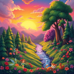 A vibrant and colorful animation-style illustration of a fantastical landscape, featuring a lush green forest with towering trees, blooming flowers in various shades, and a sparkling river flowing through it