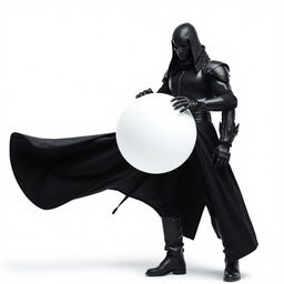 A man dressed entirely in black, featuring a sleek futuristic armor, black pants, black boots, and a long black coat