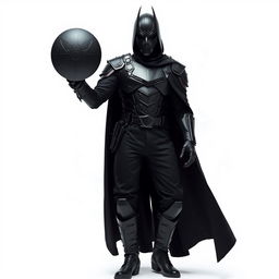 A man dressed entirely in black, featuring a sleek futuristic armor, black pants, black boots, and a long black coat